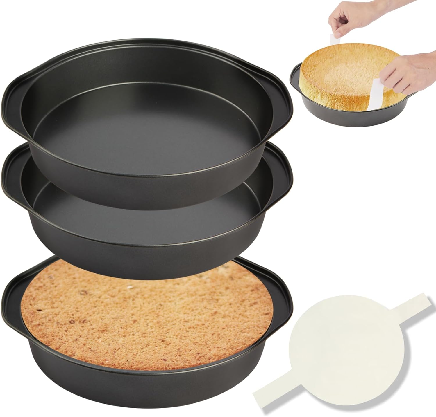Tutikuki round cake pans with parchment papers on kitchen counter